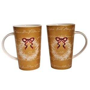 Maxwell‎ & Williams Christmas Wreath Mugs Set of 2 Gold Red Bow Fine China 6in